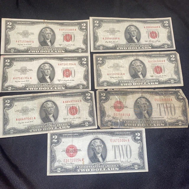 Lot of 7 $2.00 red seal banknotes 1953B 1928G 1953 1963 1928G TWO DOLLARS 2
