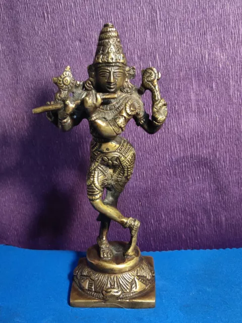 Indian Bronze Figurine Of The Hindu '' Lord Krishna '' Deity  Playing A Flute 8"