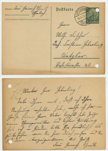 50327 - Ganzsache P 226 - Postkarte - Offenbach 30.6.1934 nach Wetzlar