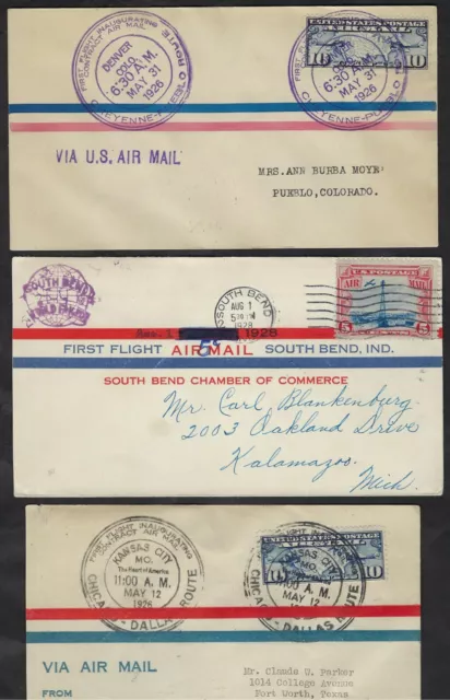 Us 1926 Three First Flight Covers 1 Cheyene Pueblo Flight 2 South