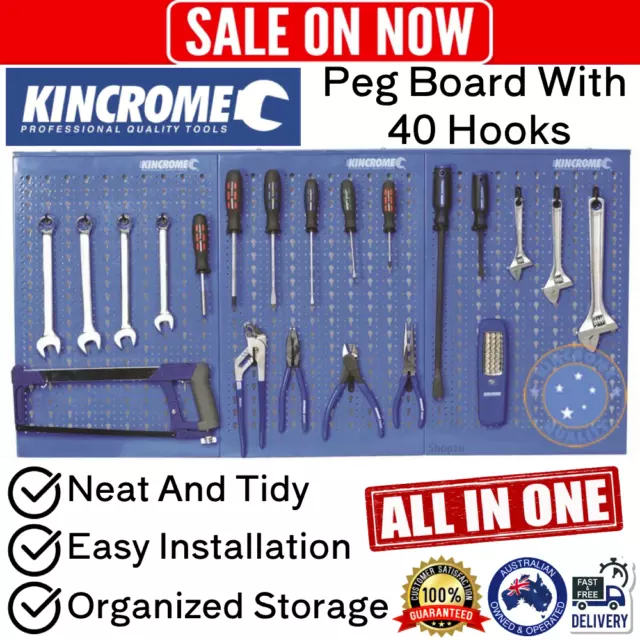 Kincrome 3 Pc Peg Board Set w/ 40 Hooks Steel Pegboard Tool Shed Garage Storage