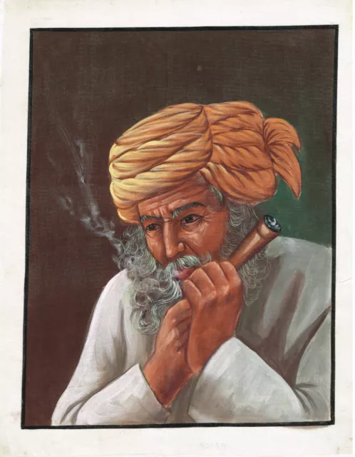 Main Rajasthani Peinture Un Vieil Homme Fumer Art Sur Soie Vêtements 30.5x36.8cm