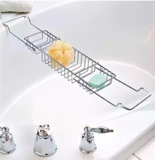 Chrome Extandable Over Bath Rack Shower Tray Tub Caddy 3 Compartment Toys Shelf