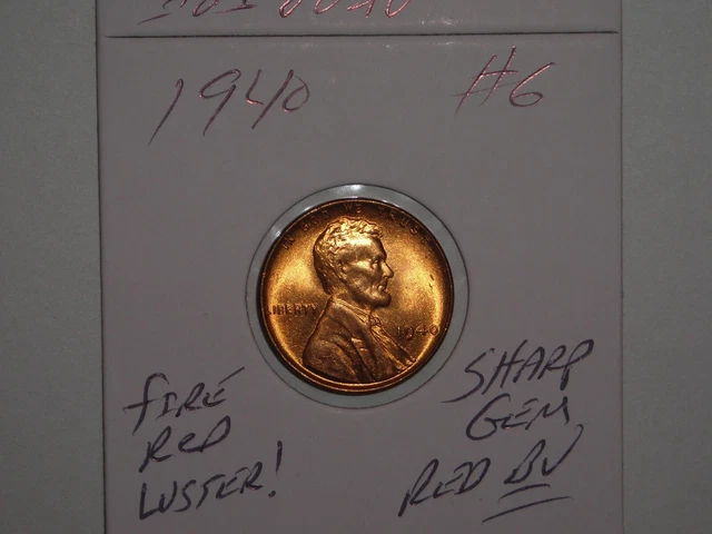 wheat penny 1940 GEM RED BU 1940-P LINCOLN CENT LOT #6 UNC FIRE RED LUSTER