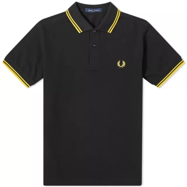 Fred Perry Polo Shirt Black Yellow S M L XL XXL M3600 Slim Fit Pique Twin tipped