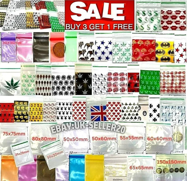 100x ZipLock Bags UK Small Printed Clear Plastic Smell Proof Baggies zipper bags