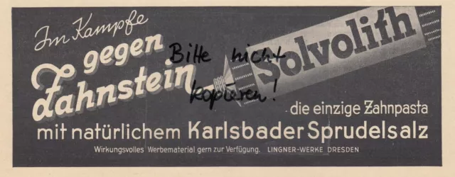 DRESDEN, Werbung 1937, Lingner-Werke AG Solvolith-Zahnpasta Karlsbader Sprudels