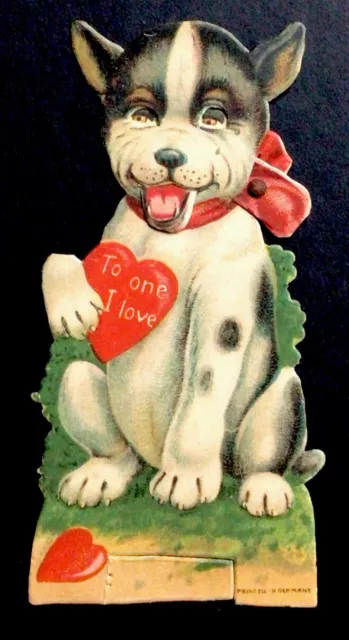 Vtg Germany Mechanical Die Cut Valentine Card Dog Says To One I Love #b3