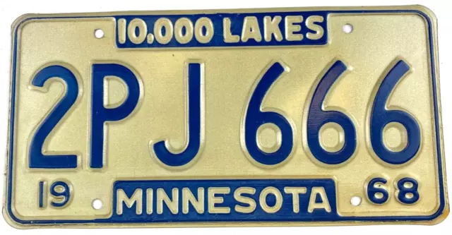 Vintage Minnesota 1968 Auto License Plate 666 Garage Pub Wall Decor Collector