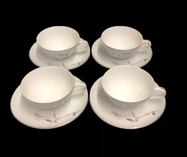 Fine China of Japan Cherry Blossom Flat Cup & Saucer Pink Gray Floral SET OF 4 3