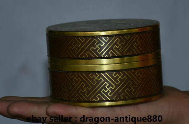 4" Marked Chinese Purple Bronze Gild Dynasty Palace Beast Pattern Round lid Box