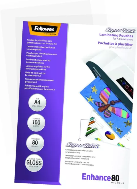 Fellowes Enhance A4 80micron Super Quick Glossy Laminating Pouches (Pack of 100 3