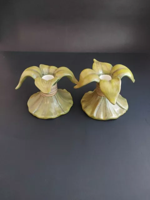 Department 56 Pair of Green Leaf Accent Candle Holders Ceramic 3.5" X 5.5"