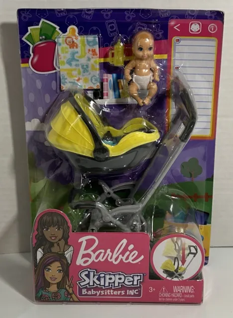 Barbie Skipper Babysitters Inc Yellow Stroller Removable Carrier & Baby Play Set
