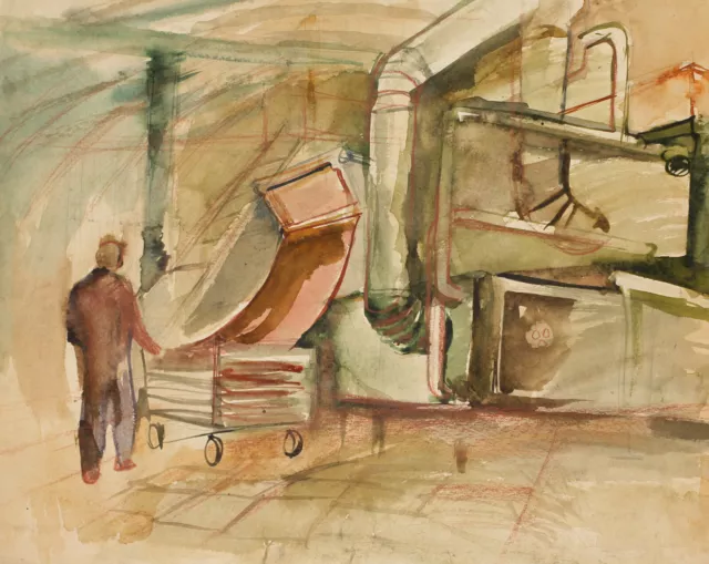 Vintage original watercolor painting factory worker