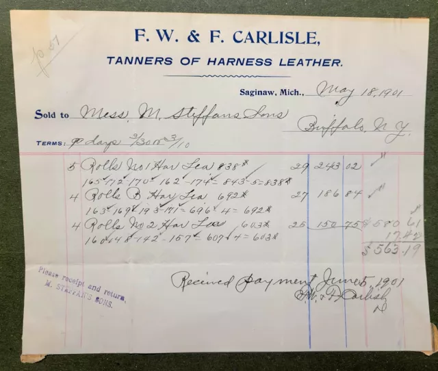 SAGINAW MICHIGAN 1901 Carlisle Harness Leather Tanner Billhead To Buffalo NY