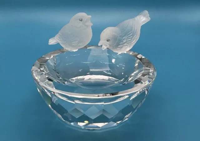 Vintage Swarovski Fine Crystal Bird Bath Bowl Two Frosted Birds Figurine Bowl