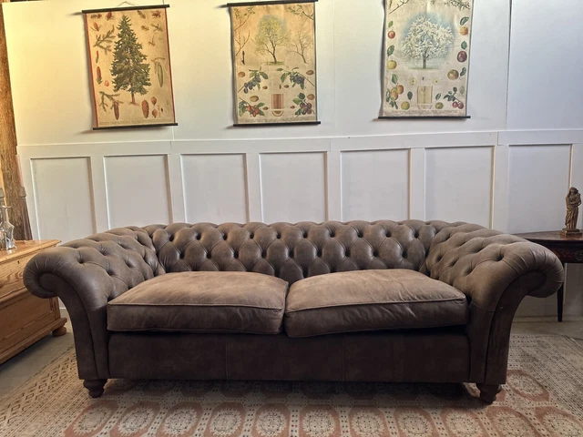 Vintage Large Three Seater Brown Leather Chesterfield Sofa