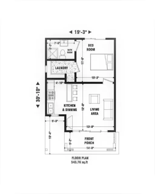 Granny's Modern House Plans 543 sq.ft -1 Bed & 1 Bath Room with Free CAD File