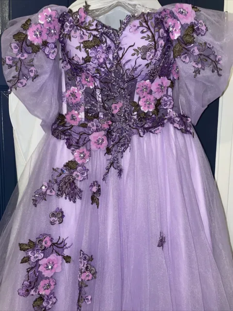 Handmade Princess Fairy Fantasy Purple Corset Long Floral Dress for Women Xs/S