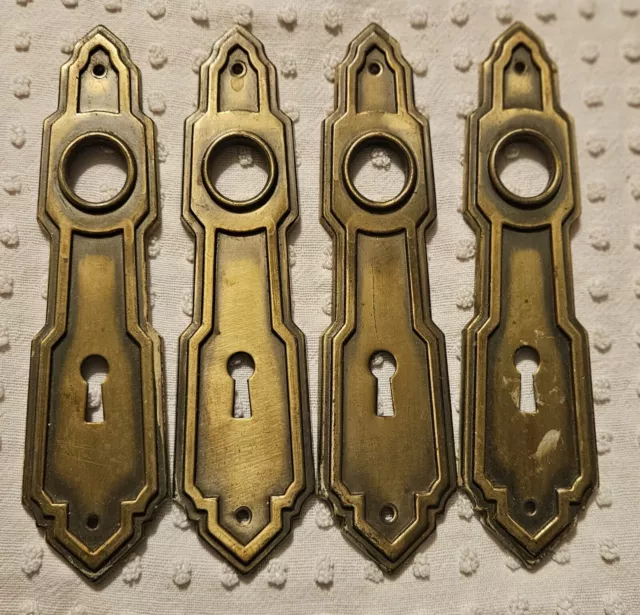 4 Matching Vintage Brass Door Back Plates With Skeleton Key Hole