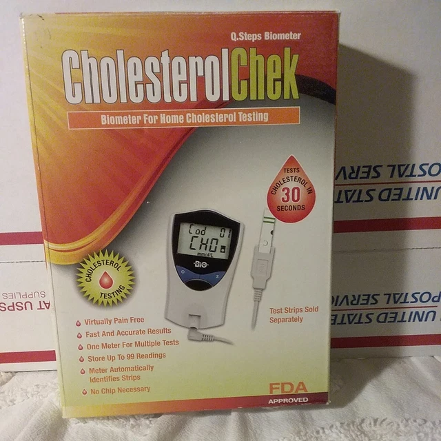 Paquete: Bio Q. Kit de verificación en el hogar biómetro de glucosa y colesterol Steps