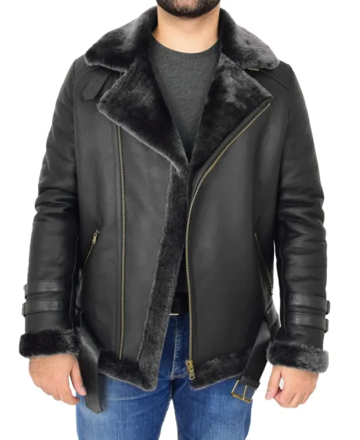 Mens Real Sheepskin Jacket Black X-Zip Aviator Brando Shearling Biker Style Coat
