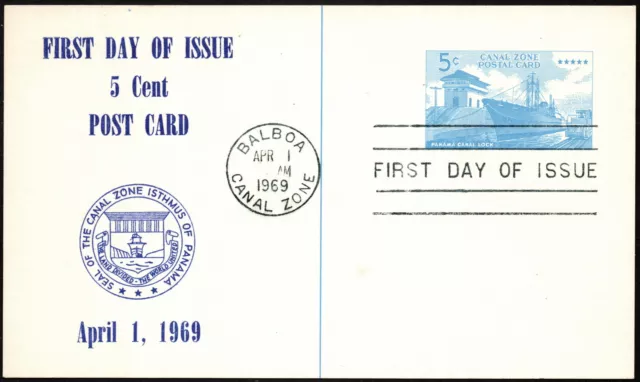 Canal Zone - 1969 -  5 Cents Ultramarine Ship In Lock Postal Card # UX17 FDC VF