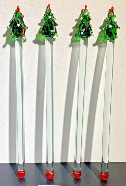 4 Glass Art Christmas Tree Swizzle Cocktail Stir Sticks Barware Hand Blown