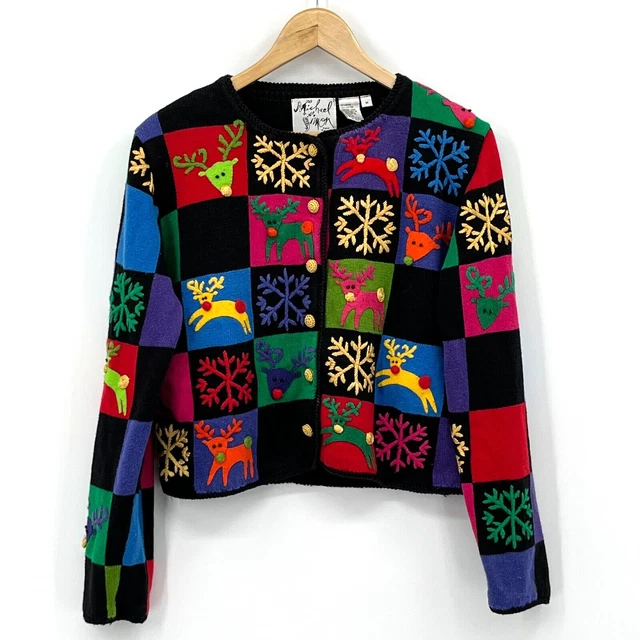 Michael Simon Sweater Women Medium Cardigan Cottagecore Reindeer Snowflake Xmas