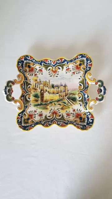 Plat Bannette Anses Faïence DESVRES FOURMAINTRAUX FRÈRES Décor ROUEN CARCASSONNE