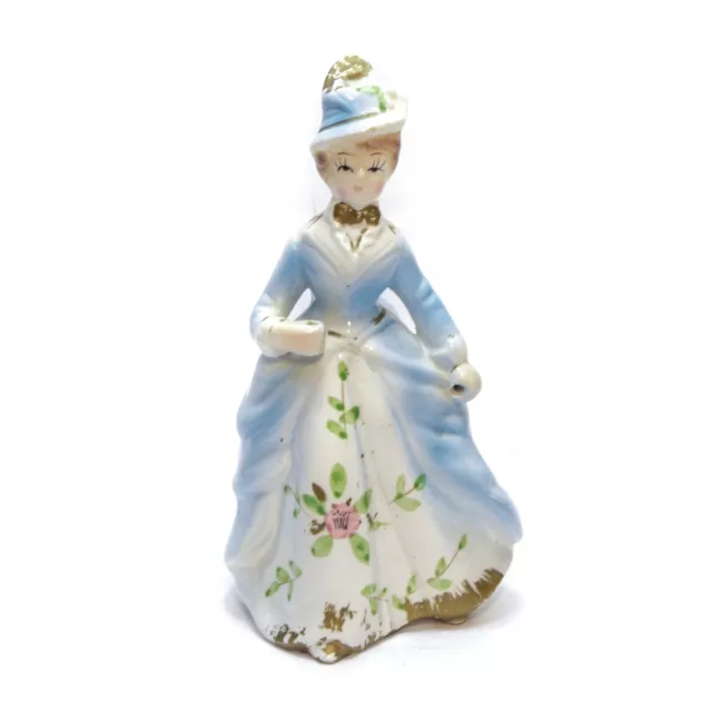 Figurine Victorian Lady Woman Blue Dress Hand Painted Ceramic Japan Vintage 7"