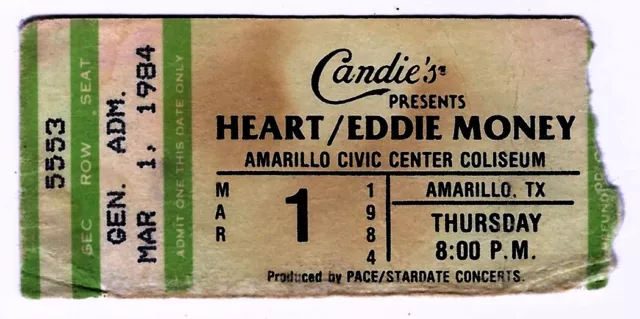 Heart Eddie Money 3/1/84 Amarillo TX Civic Center Coliseum Rare Ticket Stub