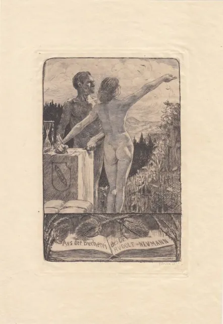 Exlibris Bookplate Radierung Bruno Heroux 1868-1944 Aktpaar Stundenglas Akt