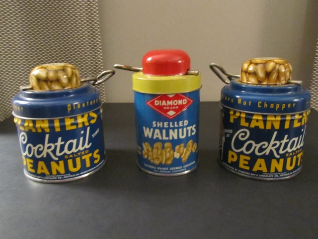 Vintage Metal Nut Cans w/ Nut Chopper Lids - Planters Peanuts + Diamond Walnuts