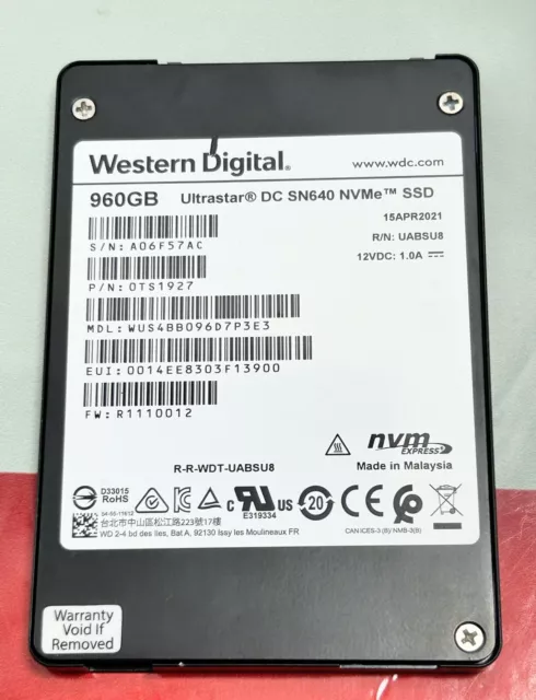 WD Ultrastar DC SN640 960GB PCIe 3.1 x4 NVMe U.2 SSD 0TS1927 WUS4BB096D7P3E3 (2