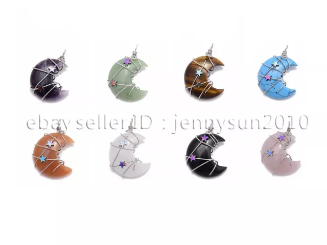 Natural Gemstone 2 Star Reiki Chakra Moon Pendant Charms Silver Plated Wire Wrap