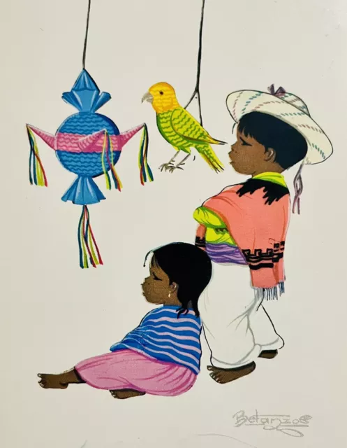 Vintage post card Mexico Mexican Kids Children Bird Pinata Tipico