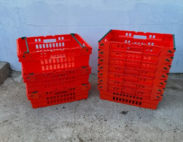 10 x Bright Orange Bail Arm Crates / Bale Arm Plastic Stacking Storage Boxes