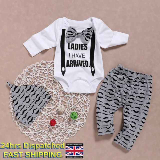 Newborn Baby Boys Gentleman Clothes 3PCS Romper Tops Pants Hat Outfits Kids Set 6