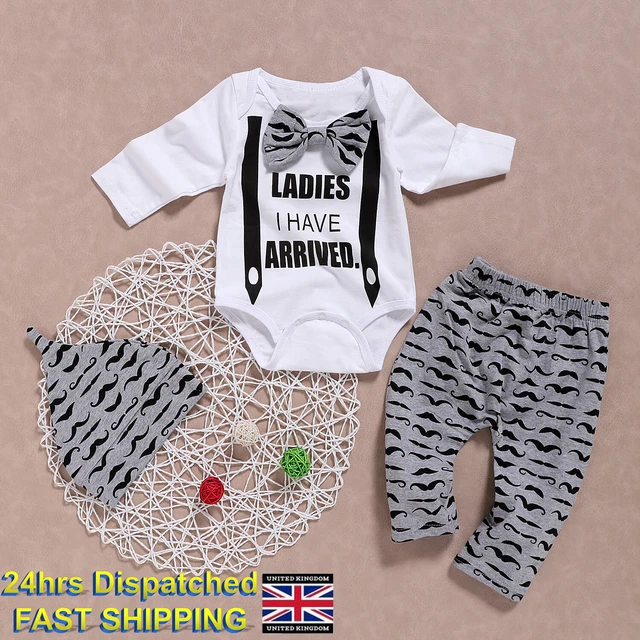 Newborn Baby Boys Gentleman Clothes 3PCS Romper Tops Pants Hat Outfits Kids Set 6
