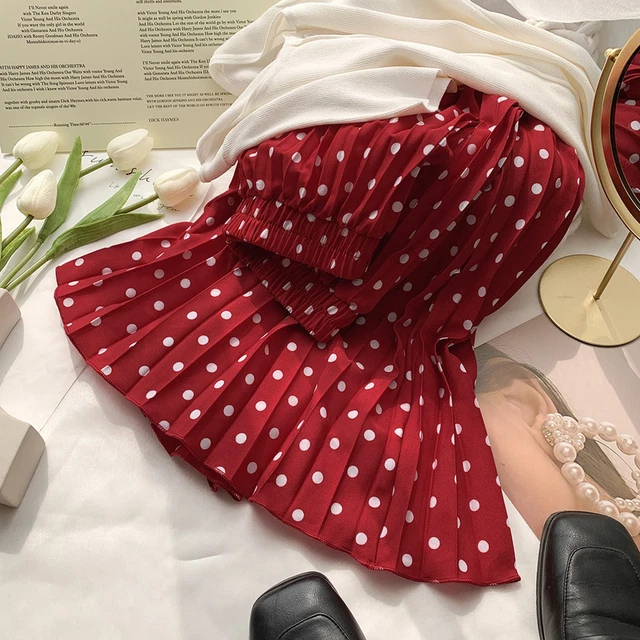 Donna Chiffon a Pois Gonne Plissettato Rétro Fronzoli Vita Alta Cintura Midi