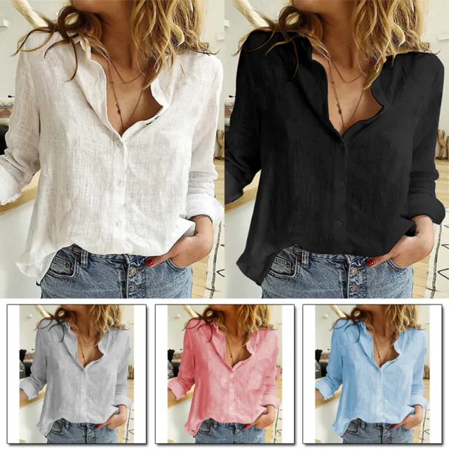 Womens Casual Blouse Office Button Linen Flax Long Sleeve Tops Lapel T-Shirt