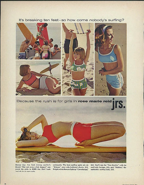 How come nobody's surfing? Rose Marie Reid Juniors Swimsuits ad 1965