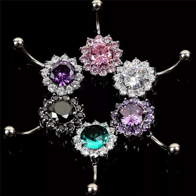 Stainless Steel Bar Belly Navel Ring Crystal Flower Body Piercing Women JS_tu