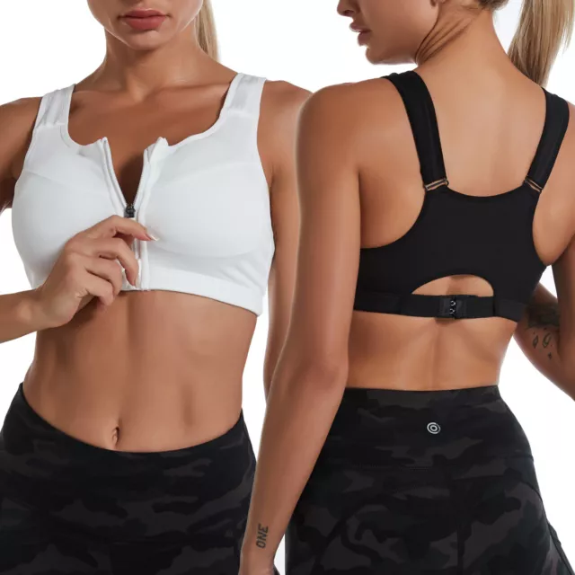 Women's High Impact Padded Yoga Sports Bra Front Zipper Closure Adjustable  Strap