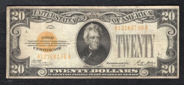 Fr. 2402 1928 $20 Twenty Dollars Gold Certificate Currency Note Very Fine (B)
