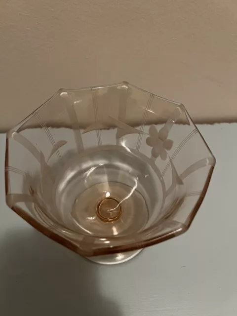 Vintage Floral Etched Pink Depression Glass Bowl