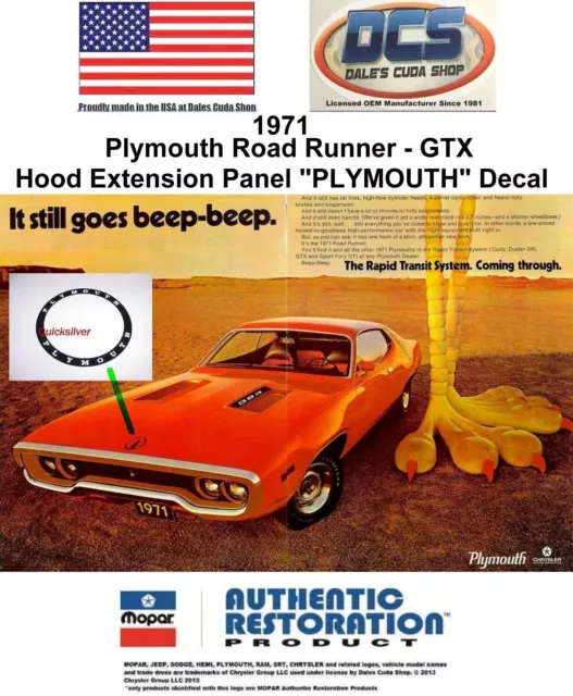 1971 Plymouth Satellite Road Runner GTX Hood Extension Decal 3442889 New MoPar