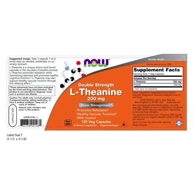 Now Foods L-THEANINE Avec Inositol 200mg Promouvoir Relaxation 120 Veg Capsules 2